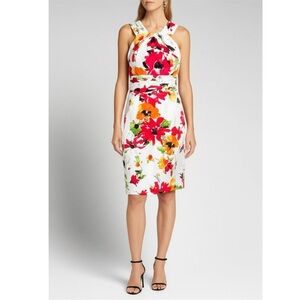 Adrianna Papell White Multi Garden Floral Sheath Dress Sleeveless Lined Women 4
